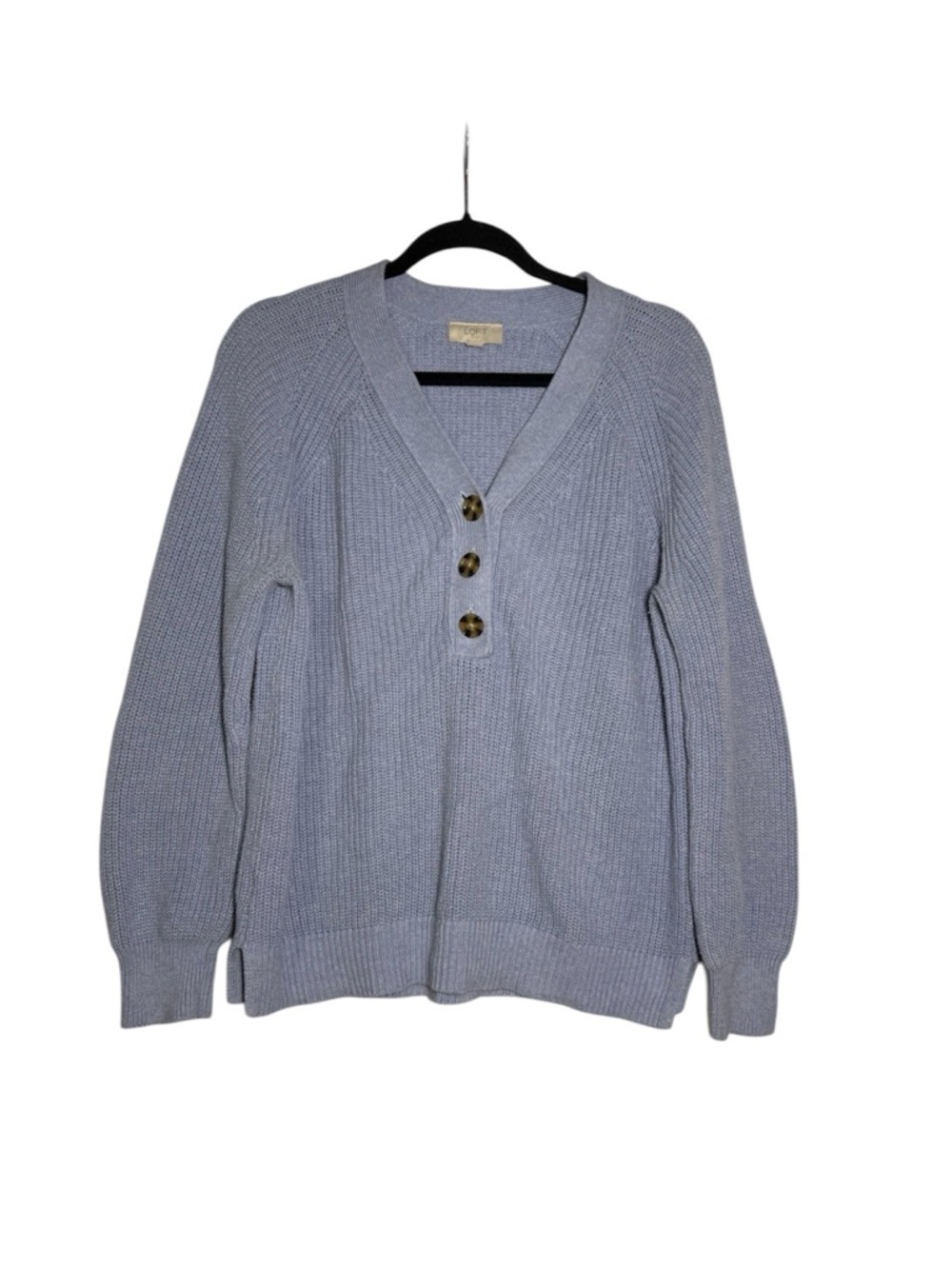 LOFT V-Neck Sweater Henley Dusty Blue Size Large Knit Ribbed Cotton